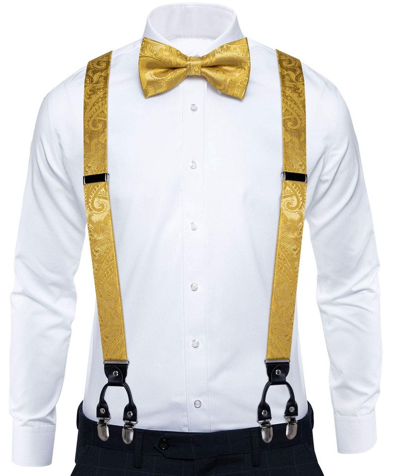 DiBanGu Gold Paisley Suspenders for Men Y-Shape Adjustable Suspenders Bowtie Pocket Square Cufflinks Clip Brace - Image 2